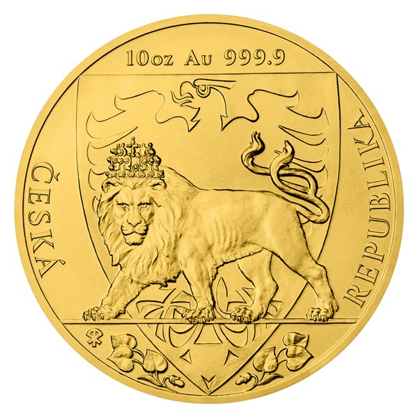 Zlatá desetiuncová investiční mince Český lev 2020 stand