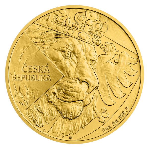 Zlatá pětiuncová investiční mince Český lev 2024 stand