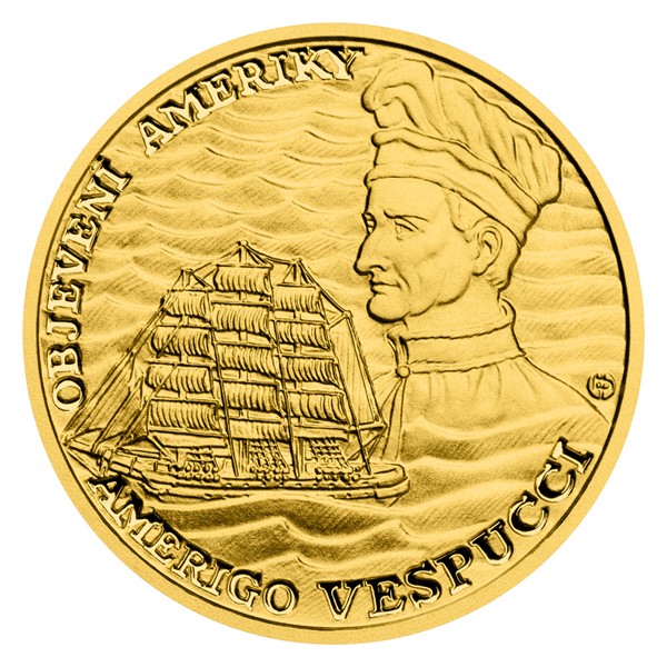 Zlatá čtvrtuncová mince Objevení Ameriky - Amerigo Vespucci proof