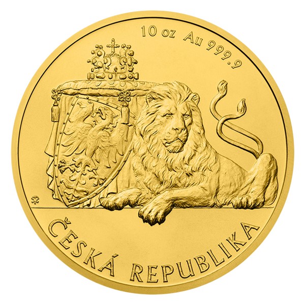 Zlatá desetiuncová investiční mince Český lev 2018 stand