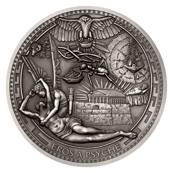 Stříbrná mince Staré řecké báje a pověsti - Erós a Psyché vysoký reliéf stand