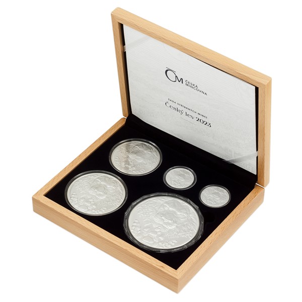 Sada stříbrných mincí Český Lev 2023 stand - 1oz, 2 oz, 5 oz, 10 oz, 1 kg