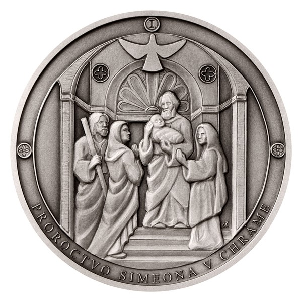 Stříbrná medaile Panna Marie Sedmibolestná - Proroctví Simeona v chrámu SK stand