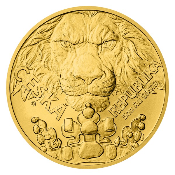 Zlatá pětiuncová investiční mince Český lev 2023 stand
