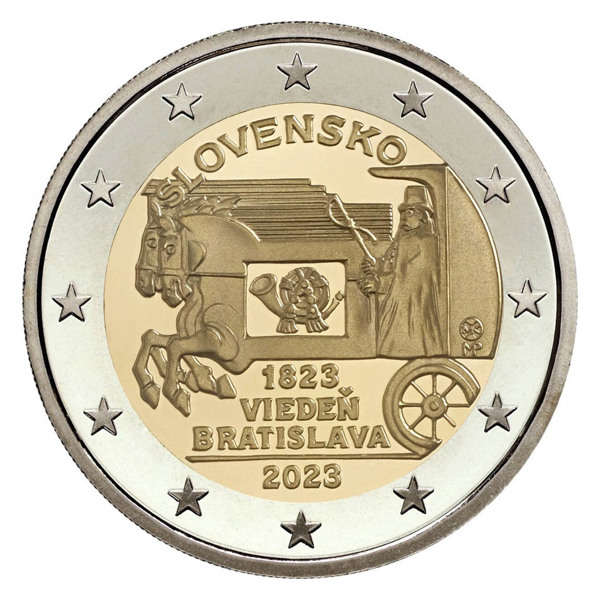 Slov. mince 2 EUR 2023 - 200.výročí pošty tažené koňmi Vídeň-Bratislava stand