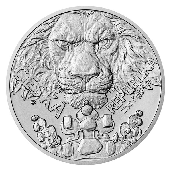 Stříbrná dvouuncová investiční mince Český lev 2023 stand
