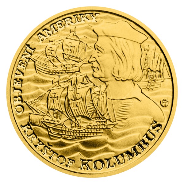 Zlatá čtvrtuncová mince Objevení Ameriky - Kryštof Kolumbus proof