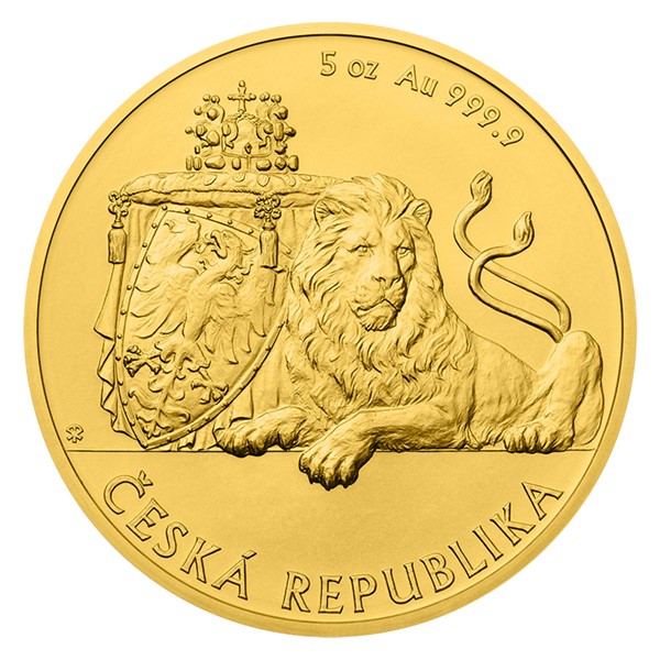 Zlatá pětiuncová investiční mince Český lev 2018 stand