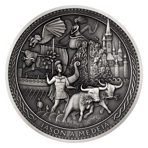 Stříbrná mince Staré řecké báje a pověsti - Iásón a Médeia vysoký reliéf stand
