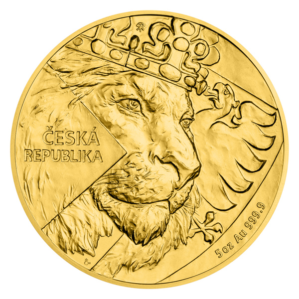 Zlatá pětiuncová investiční mince Český lev 2024 vysoký reliéf stand