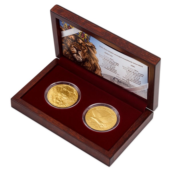 Sada dvou zlatých uncových investičních mincí Český lev a Orel 2023 stand
