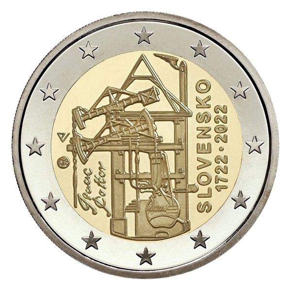 Slov. mince 2 EUR 2022 - 1. parní stroj na odčerpání vod z dolu – 300.výročí stand