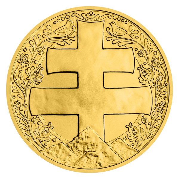 Zlatá investiční mince Slovenský dvojramenný kříž SK stand