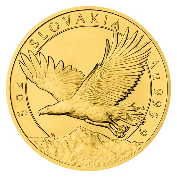 Zlatá pětiuncová investiční mince Orel 2023 stand