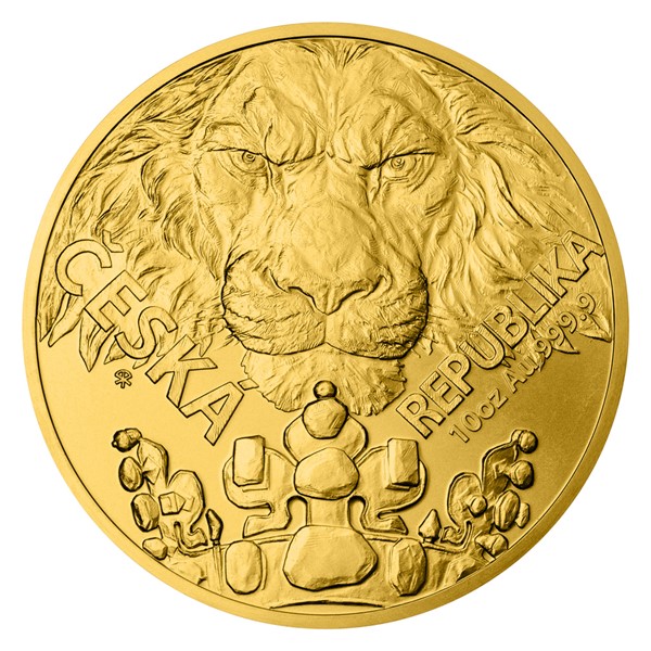 Zlatá desetiuncová investiční mince Český lev 2023 stand