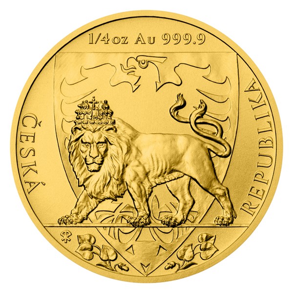 Zlatá 1/4oz investiční mince Český lev 2020 stand