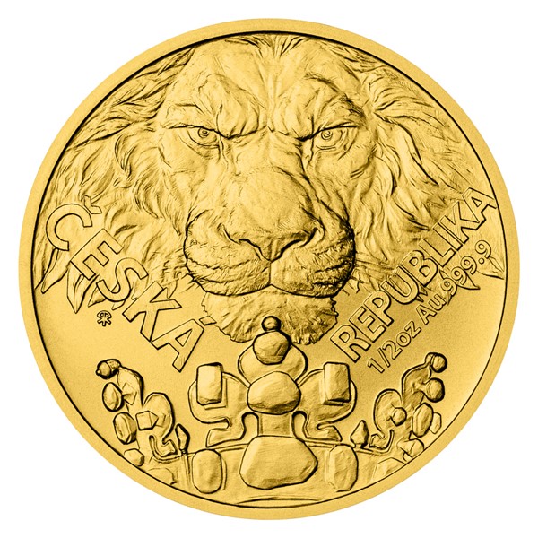 Zlatá 1/2oz investiční mince Český lev 2023 stand