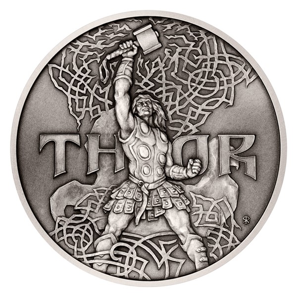 Stříbrná mince Bohové světa - Thór stand