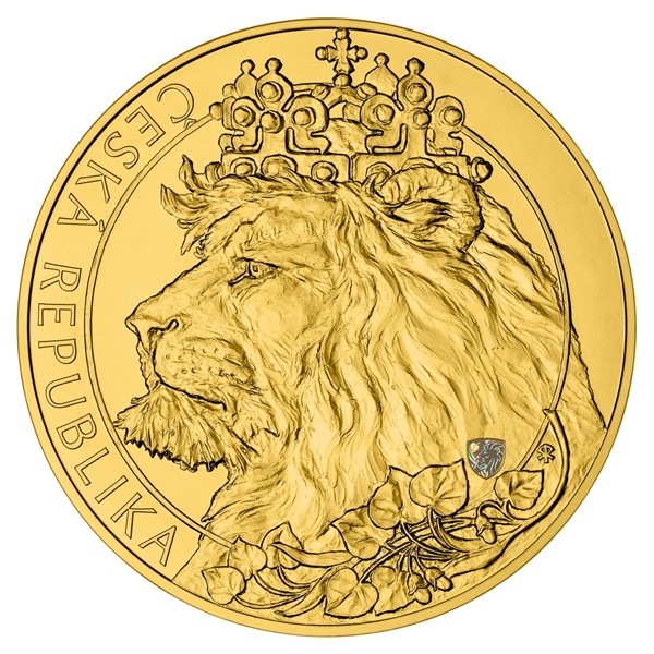 Zlatá desetikilogramová investiční mince Český lev 2021 s hologramem stand