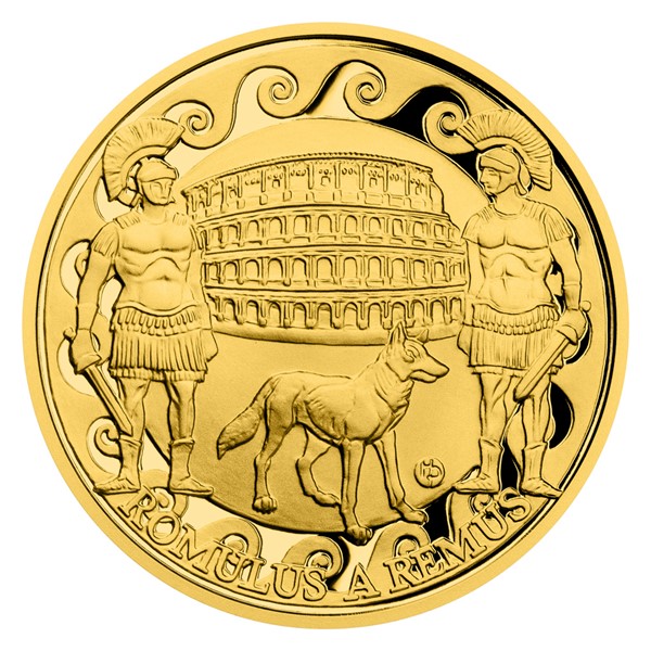 Zlatá dvouuncová mince Romulus a Remus proof
