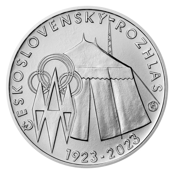 Stříbrná mince 200 Kč 2023 Zahájení pravidelného vysílání Československého rozhlasu stand